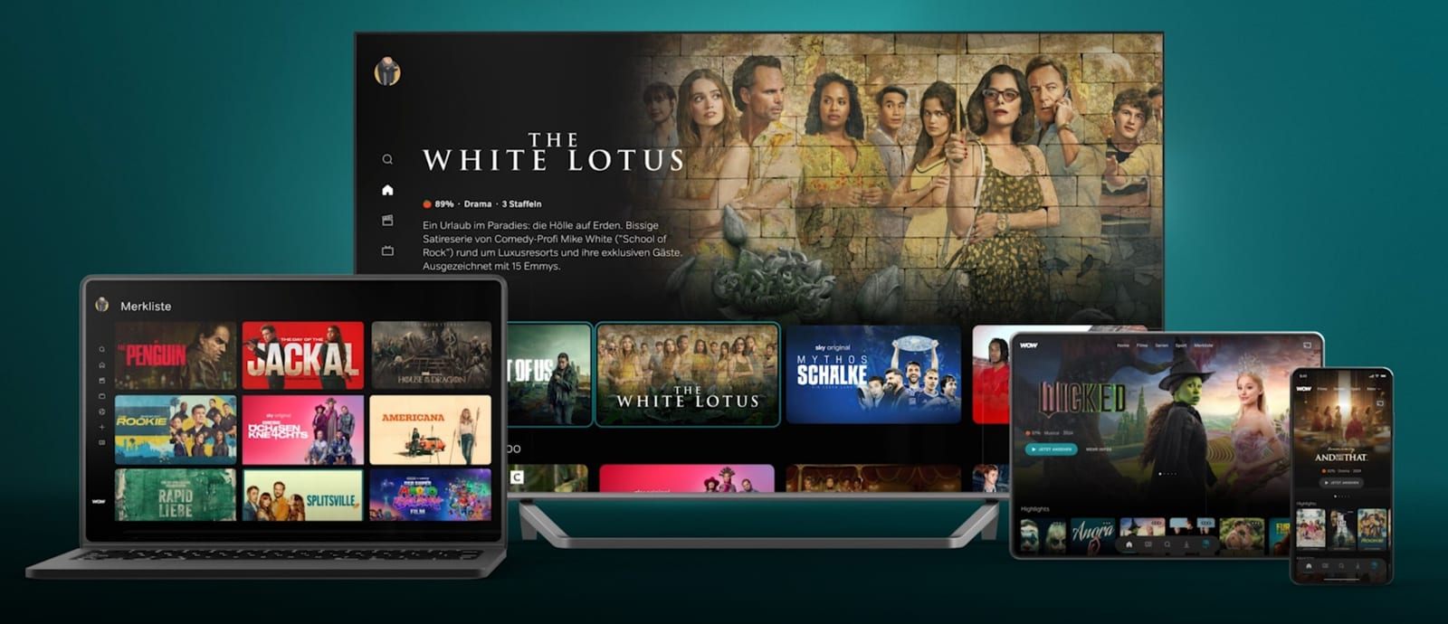 Die WOW App auf Fernseher, Laptop, Tablet und Smartphone: Startseite mit The White Lotus, persönliche Merkliste mit The Penguin, House of the Dragon und The Rookie sowie Wicked auf dem Tablet