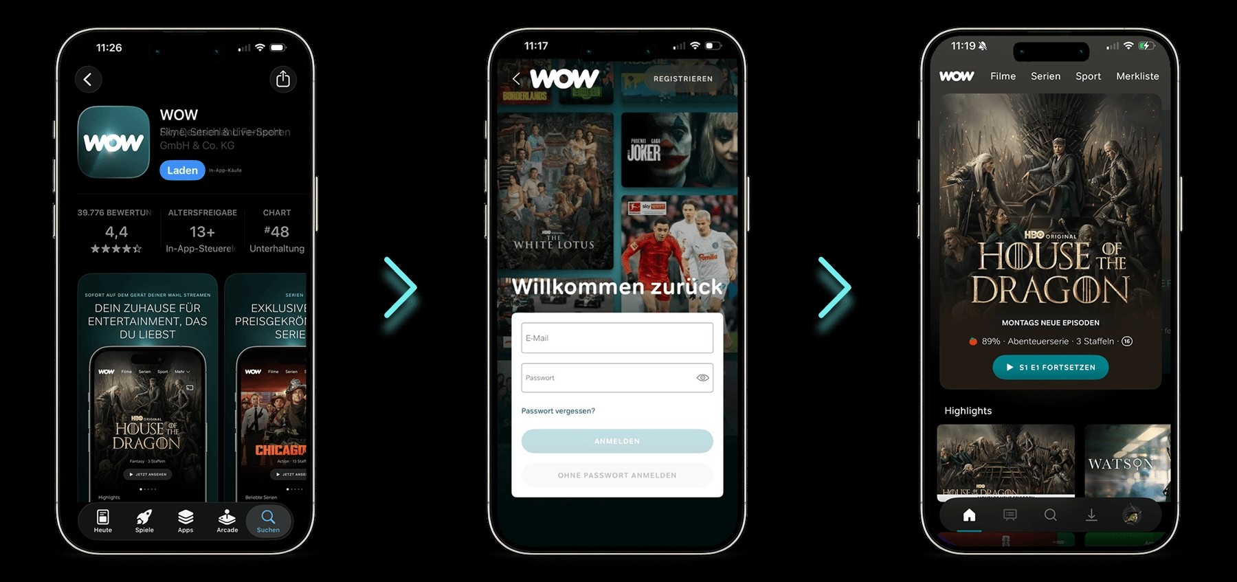WOW App in drei Schritten: im App Store laden, im Anmeldebildschirm „Willkommen zurück“ mit E-Mail und Passwort anmelden, danach auf der Startseite House of the Dragon weiterschauen