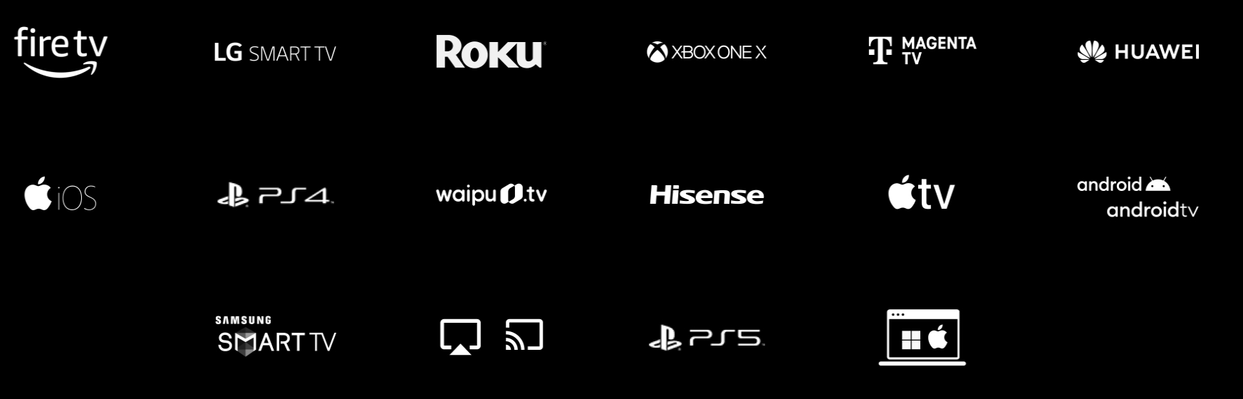 Unterstützte Geräte für WOW: Fire TV, LG Smart TV, Xbox, iOS, PlayStation 4 und 5, Hisense, Apple TV, Android und Android TV, Samsung Smart TV, AirPlay und Chromecast sowie Browser auf Windows und Mac