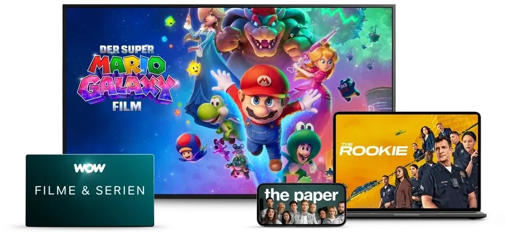 WOW Filme & Serien auf allen Geräten: Der Super Mario Galaxy Film auf dem Fernseher, The Rookie auf dem Laptop und The Paper auf dem Smartphone