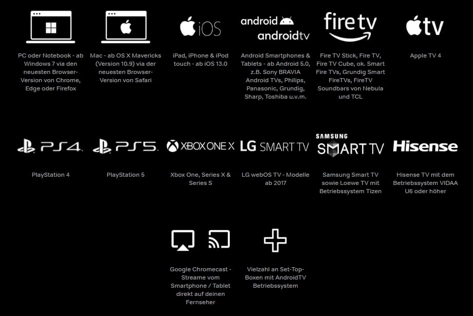 Geräte für WOW: PC und Notebook im Browser, Mac, iPhone und iPad, Android-Smartphones und Android TV, Fire TV, Apple TV, PlayStation 4 und 5, Xbox One und Series X/S, LG webOS TV, Samsung Smart TV, Hisense VIDAA, Google Chromecast sowie Set-Top-Boxen mit Android TV