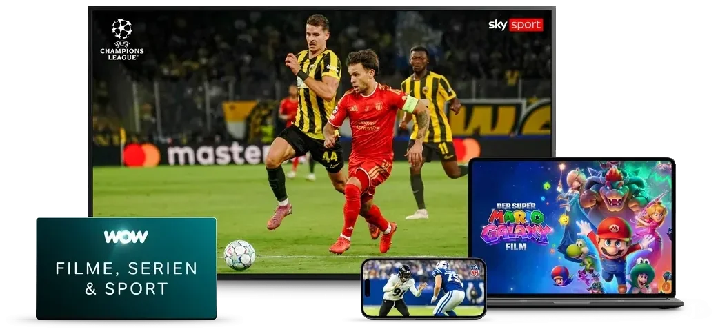 WOW Filme, Serien & Sport auf allen Geräten: Champions League bei Sky Sport auf dem Fernseher, Der Super Mario Galaxy Film auf dem Laptop und NFL auf dem Smartphone