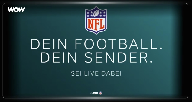 NFL bei WOW: „Dein Football. Dein Sender. Sei live dabei“ – mit NFL-Logo, WOW-Logo und Sky Sport